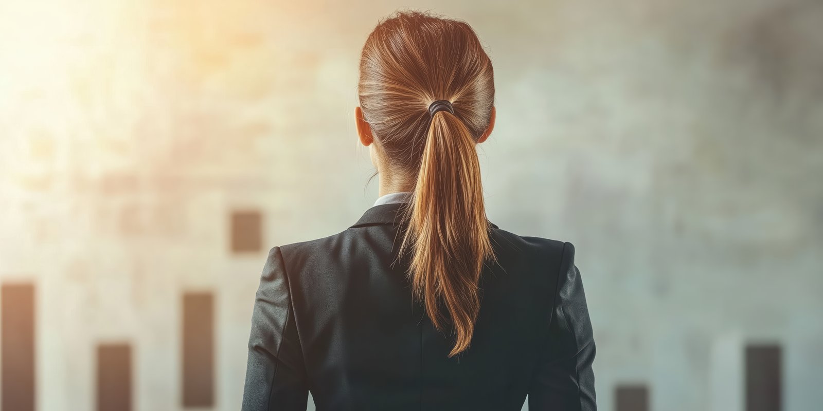 Business professional reflects on career growth in modern office setting during daylight hours